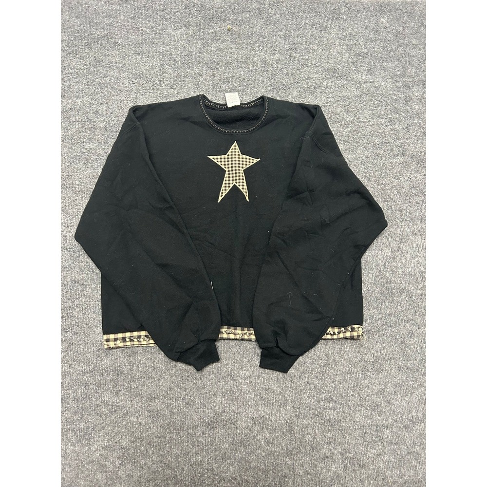 Jerzees Sweatshirt Womens Size Large Black Gingham Star Applique Crewneck Casual